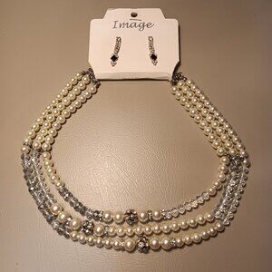 Faux pearl & rhinestone 3 layer necklace & rhinestone drop earrings